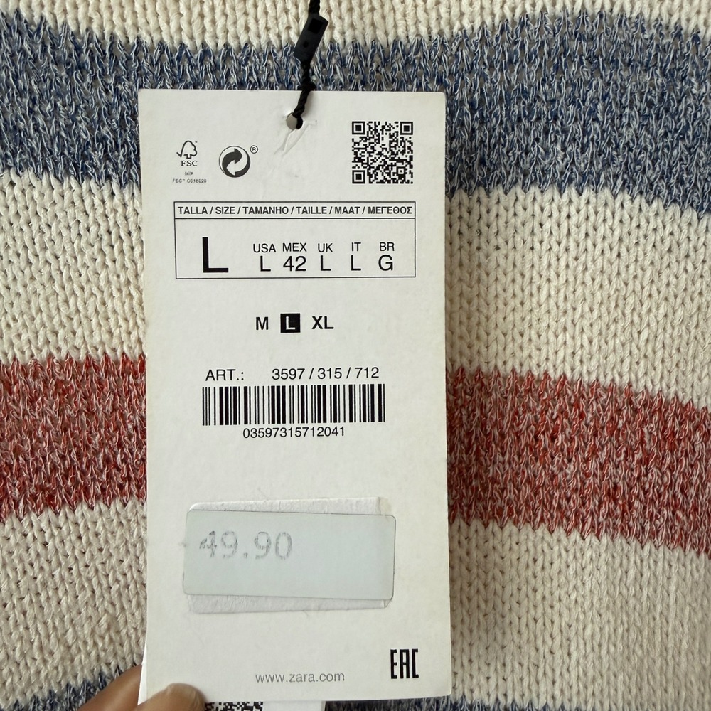 Zara sz L Mens Striped Knit Sweater Cream Blue Red Tennis‎ Prep Minimalst NWT - Picture 6 of 9